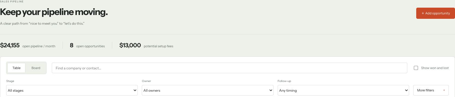 Sales pipeline with Add opportunity, company search, and Stage, Owner, and Follow-up filters.